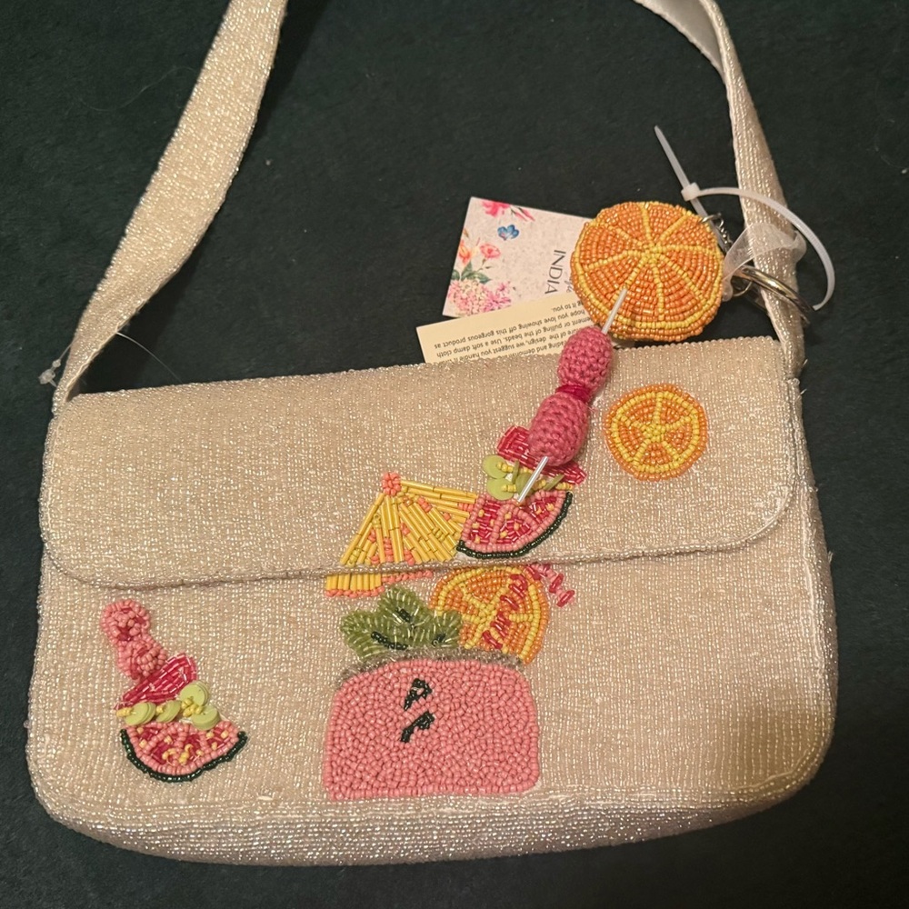 Viral Beaded Pink and Cream Fruit Embellished Crossbody Bag Orange Fruit Detail